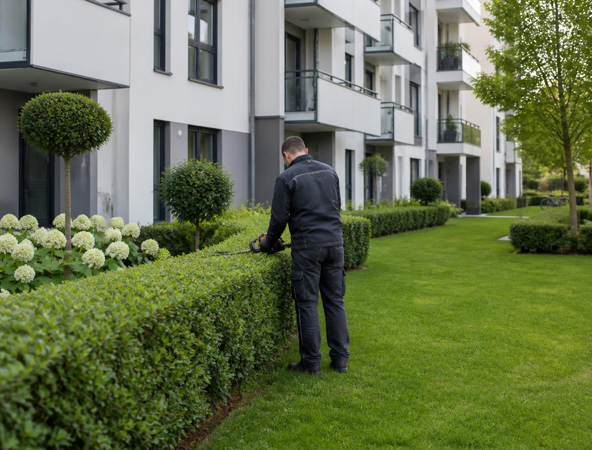 Gepflegte Außenanlage einer Wohnhausanlage, ein Mitarbeiter schneidet eine Hecke